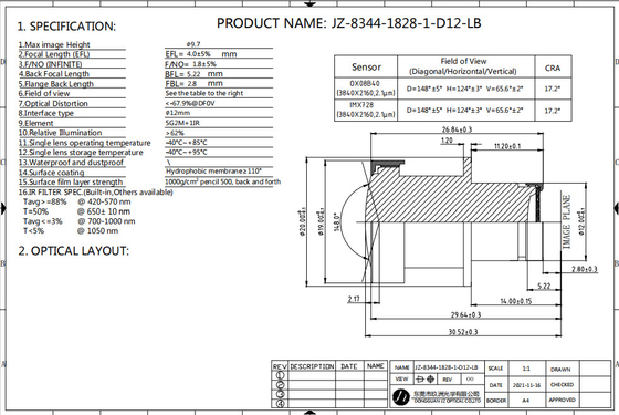 Ø9.7 F/NO1.8 8MP ADAS κάμερα φακός με ευρύ οπτικό πεδίο OX08B40 αισθητήρας χαμηλή στρέβλωση